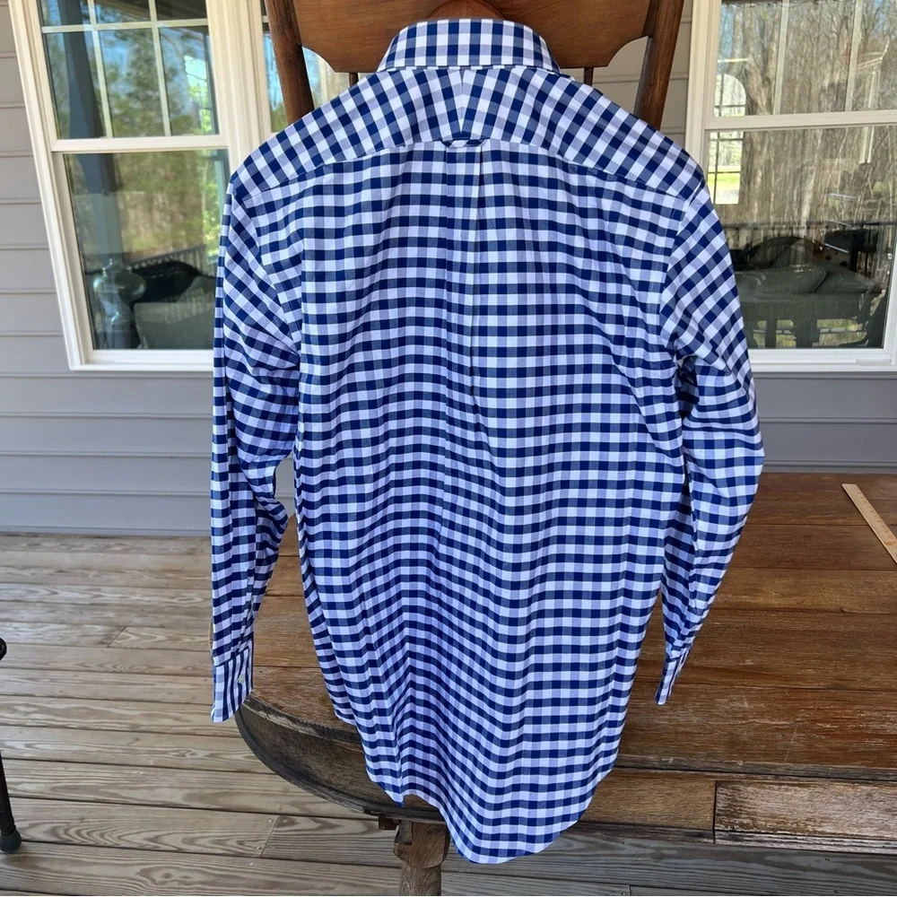 Lands’ End 15 1/2-32 Traditional Fit Navy Checked Button Long Sleeve Dress Shirt
